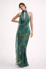 Women's Printed Halter Maxi Dress with Bow - Irises