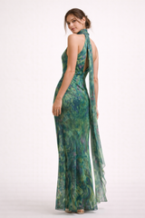 Women's Printed Halter Maxi Dress with Bow - Irises