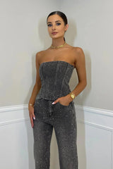 Strapless Festive Pant Set with Shimmering Details