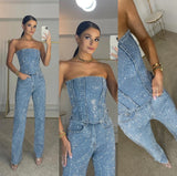 Strapless Festive Pant Set with Shimmering Details
