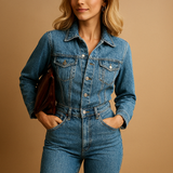 Denim Jumpsuit with Straight Legs and Long Sleeves