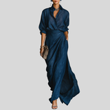 Long Sleeve V-Neck Wrap Maxi Dress with Textured Finish