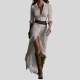 Women's Long Linen Dress with Inverted Collar