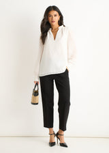 Women's White Dobby Blouse – Ruffle Collar and Long Sleeves