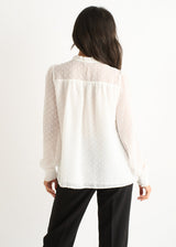 Women's White Dobby Blouse – Ruffle Collar and Long Sleeves