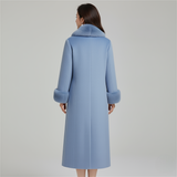 Elegant  Blue Long Winter Coat with Faux Fur Collar & Cuffs - Wool Blend - Classic Straight Cut