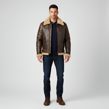Men’s Shearling Leather Aviator Jacket with Faux Fur Lining and Zip Front