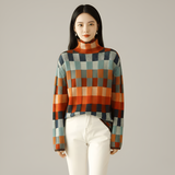 Women’s Turtleneck Knit Sweater Geometric Pattern Long Sleeve Pullover
