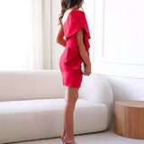 Women's Cocktail Dress with One Shoulder and Ruffled Sleeves