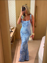 Long Fitted Dress with Floral Details and Tie Straps