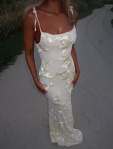 Long Fitted Dress with Floral Details and Tie Straps