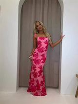 Long Fitted Dress with Floral Details and Tie Straps