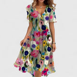 Women's floral midi dress with V-neck, short sleeves and flowing skirt, elegant and lightweight for summer