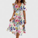 Women's floral midi dress with V-neck, short sleeves and flowing skirt, elegant and lightweight for summer