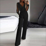 Women's Long-sleeved, wide-leg shimmering knit jumpsuit for autumn