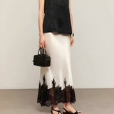 Women's Satin Midi Skirt with Contrast Lace Trim