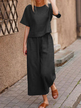 Women's Two-Piece Summer Outfit – Crew Neck T-Shirt & Wide-Legged Pants