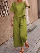 Women's Two-Piece Summer Outfit – Crew Neck T-Shirt & Wide-Legged Pants