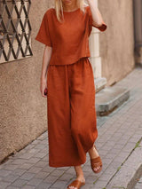 Women's Two-Piece Summer Outfit – Crew Neck T-Shirt & Wide-Legged Pants