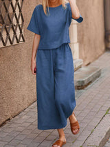 Women's Two-Piece Summer Outfit – Crew Neck T-Shirt & Wide-Legged Pants