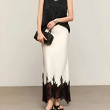 Women's Satin Midi Skirt with Contrast Lace Trim