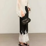 Women's Satin Midi Skirt with Contrast Lace Trim