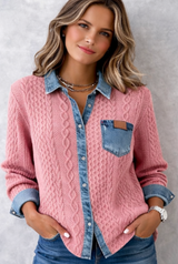 Chemise Tricotée Chic avec Détails Denim | Femme - Rose