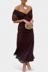 Elegant Off-Shoulder Floral Midi Dress - Lightweight Flowy Summer Party Dress