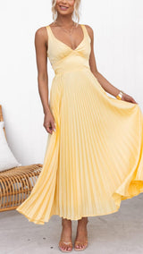 Elegant Pleated Dress in Sun Yellow – Sleeveless with V-Neck & Flowing Silhouette