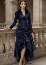 Women's Satin Wrap Dress High Low Ruffle Detail
