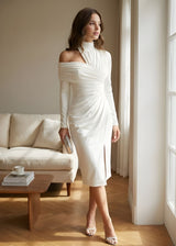 Women’s Asymmetric Midi Dress with Draped One Shoulder