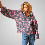 Women's Floral Print Teddy Pullover - Soft Spring Sweater with Zip Collar and Pockets