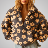 Women's Floral Print Teddy Pullover - Soft Spring Sweater with Zip Collar and Pockets