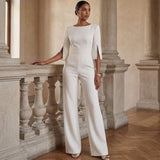 Women’s Tailored Wide Leg Jumpsuit with Pearl Embellished Split Sleeves