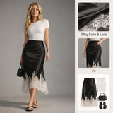 Women's Satin Midi Skirt with Contrast Lace Trim