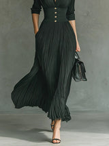 Womens Pleated Maxi Dress with Lapel and High Waist