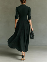 Womens Pleated Maxi Dress with Lapel and High Waist