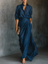 Long Sleeve V-Neck Wrap Maxi Dress with Textured Finish