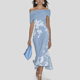Elegant floral midi dress for women with off-the-shoulder neckline, fitted silhouette and flared skirt for party or event