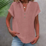 Loose Summer Blouse with V-Neck and Buttons – Short-Sleeved and Timeless