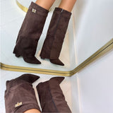 Knee-High Women's Suede Boots with Block Heel and Elegant Buckle