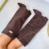 Knee-High Women's Suede Boots with Block Heel and Elegant Buckle