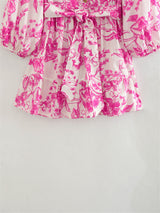 Short Floral Dress with Adjustable Waist and Wide Sleeves