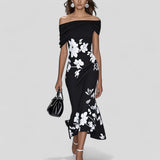 Elegant floral midi dress for women with off-the-shoulder neckline, fitted silhouette and flared skirt for party or event