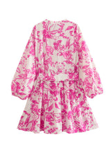 Short Floral Dress with Adjustable Waist and Wide Sleeves
