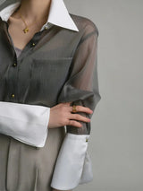 Women's sheer long-sleeved shirt with contrasting collar and cuffs