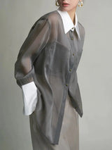 Women's sheer long-sleeved shirt with contrasting collar and cuffs