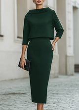 Women’s Boat Neck Midi Skirt Set with Elegant 3/4 Sleeves