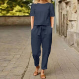 Soft Cotton-Blend Vintage Two-Piece Set with Elegant Details