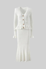 Women's fitted outfit with cardigan and midi skirt